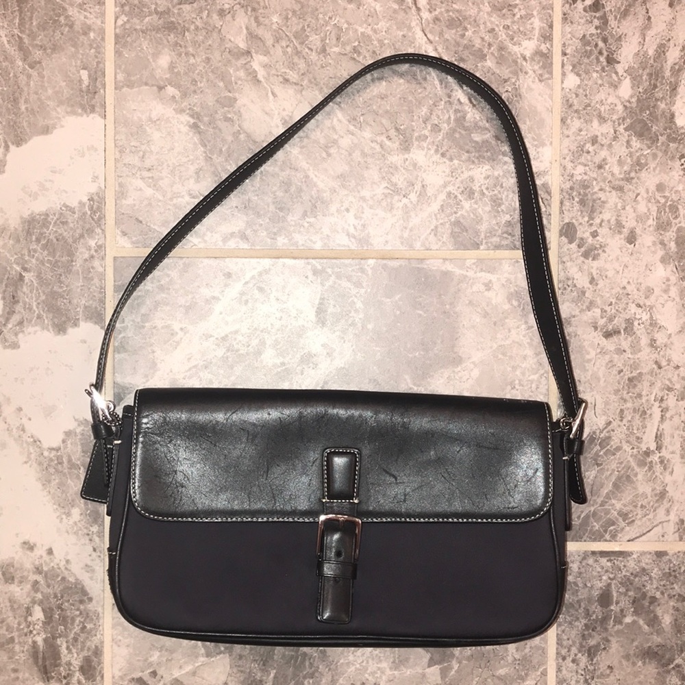 Coach navy cotton  twill & black leather small bag